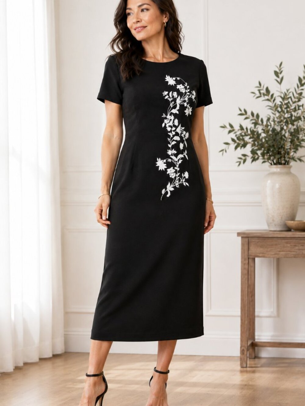 New Vintage 80s Leslie Fay Size 12 Embroidered Classic Midi Dress